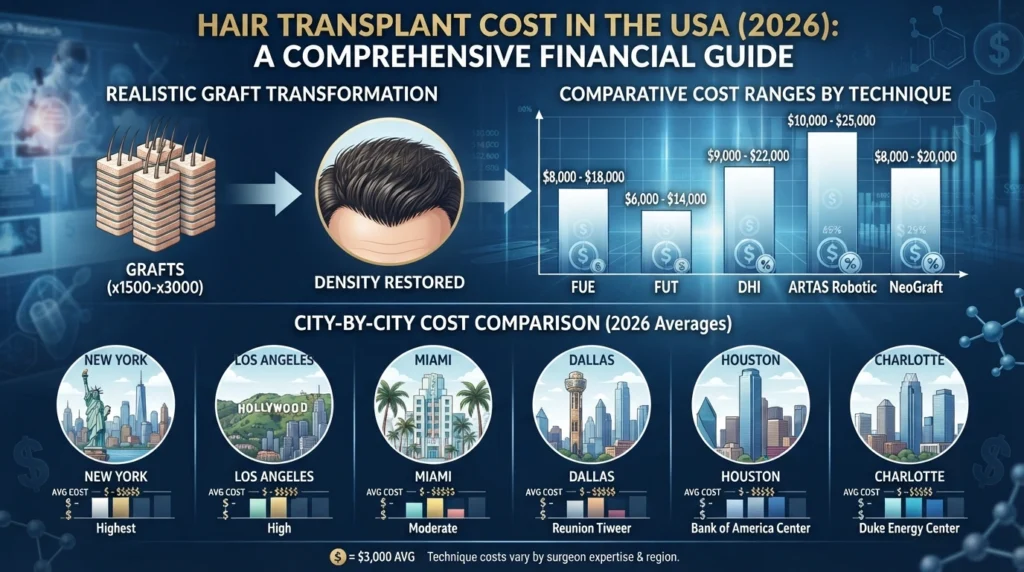 Best hair transplant clinics in USA 2026 showing medical map of top cities including New York, Miami, Los Angeles and Dallas with hair restoration concept