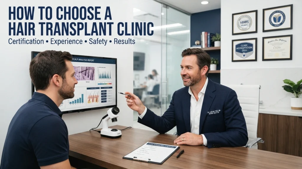 Board-certified hair transplant consultation showing patient discussing certification, safety and treatment planning with physician