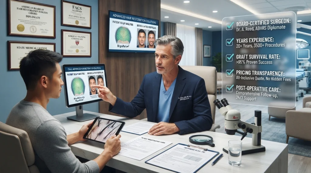 Board-certified hair transplant surgeon consultation and clinic verification checklist in Maryland