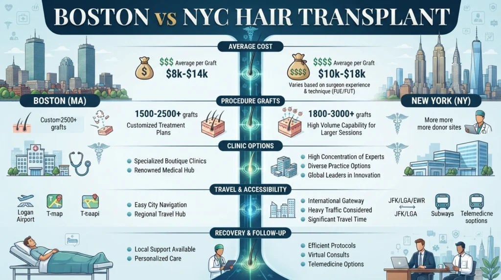 Boston vs New York hair transplant comparison showing treatment costs, travel and clinic differences