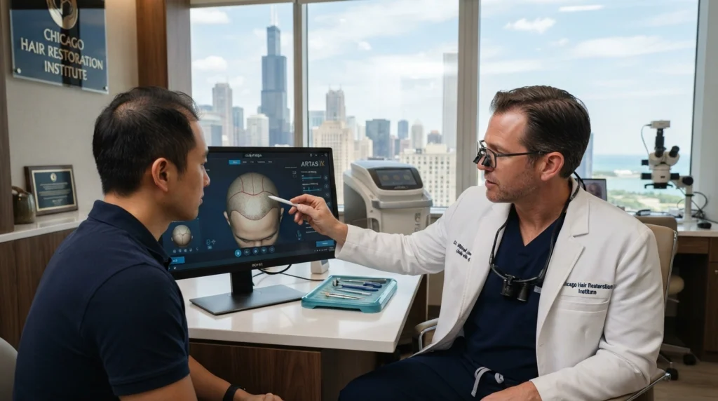 Chicago hair transplant clinic showing surgeon expertise, advanced technology, and hair restoration consultation.