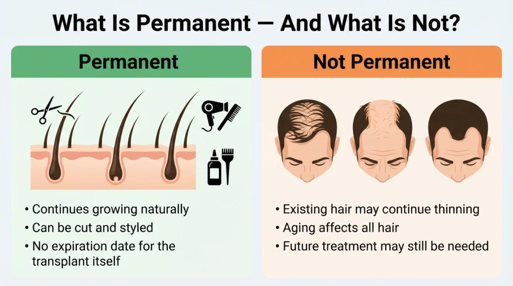 Comparison infographic explaining which hair transplant results are permanent and which aspects of hair loss continue over time.