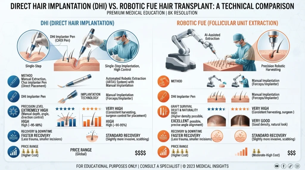 Comparison infographic of DHI and robotic FUE hair transplant techniques.
