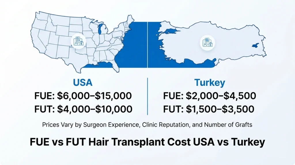 Comparison infographic of FUE and FUT hair transplant costs in the USA and Turkey with average price ranges and treatment comparison.