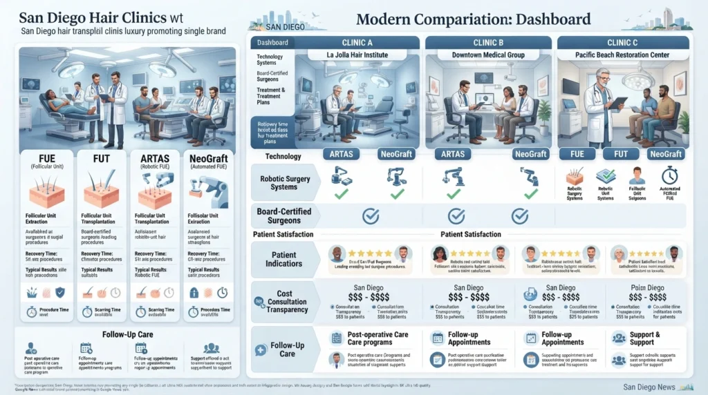 Comparison infographic of the best San Diego hair transplant clinics highlighting FUE and FUT procedures, surgeon credentials, technology, consultation transparency, and patient care.