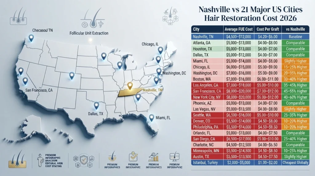 Comparison infographic showing hair transplant costs in Nashville versus 21 major U.S. cities.