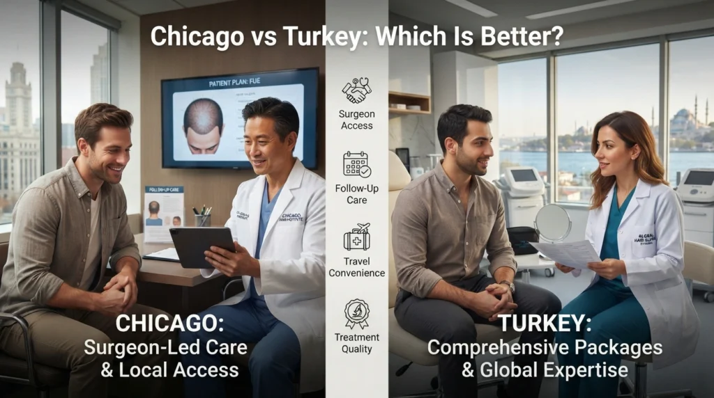 Comparison of Chicago and Turkey hair transplant destinations based on care, surgeons, and convenience.