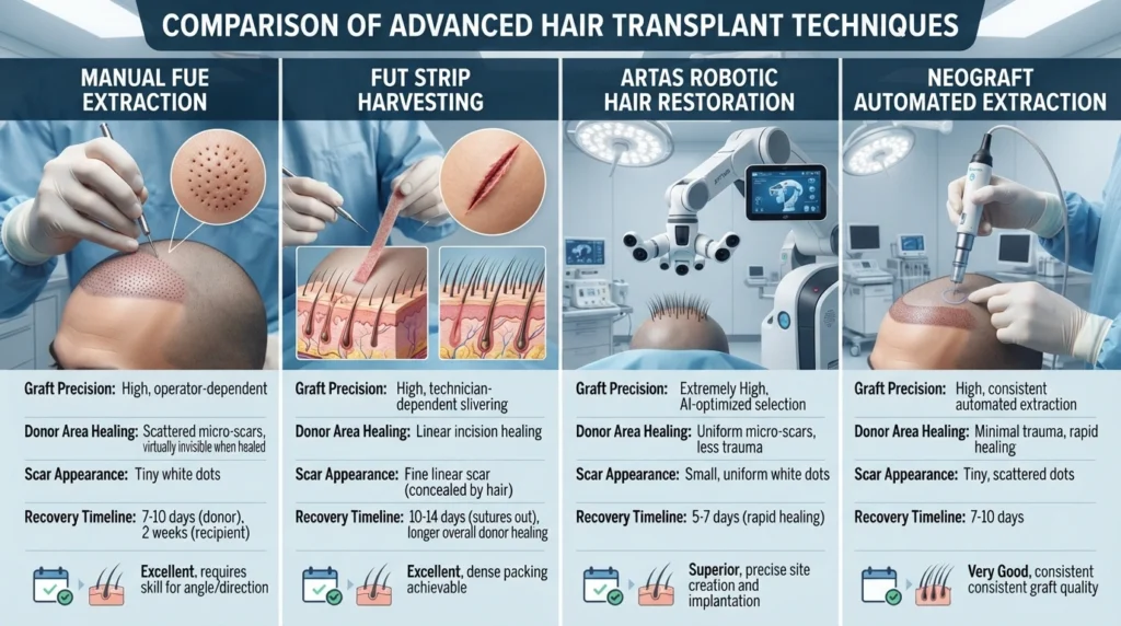Comparison of FUE FUT ARTAS robotic and NeoGraft hair transplant techniques in Maryland