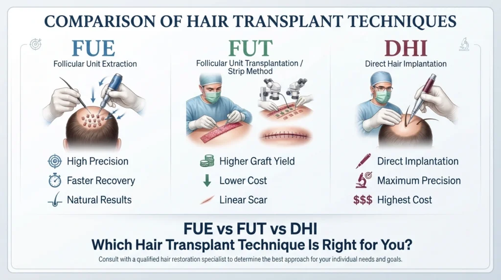 Comparison of FUE, FUT, and DHI hair transplant techniques showing precision, recovery time, cost, implantation method, and expected results.