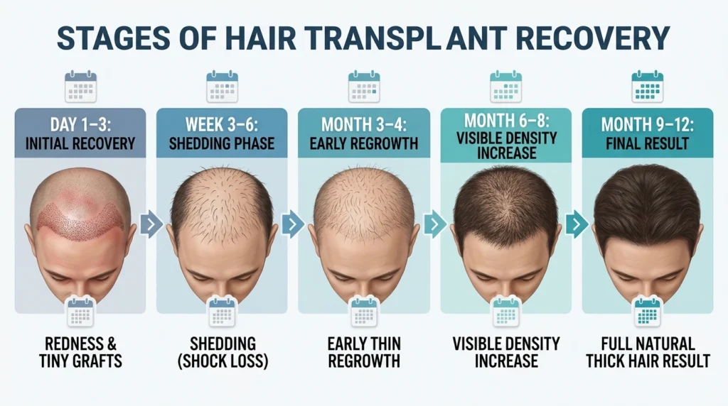 Hair transplant recovery timeline showing stages from day 1 healing to 12 month full hair growth with shock loss and gradual density improvement