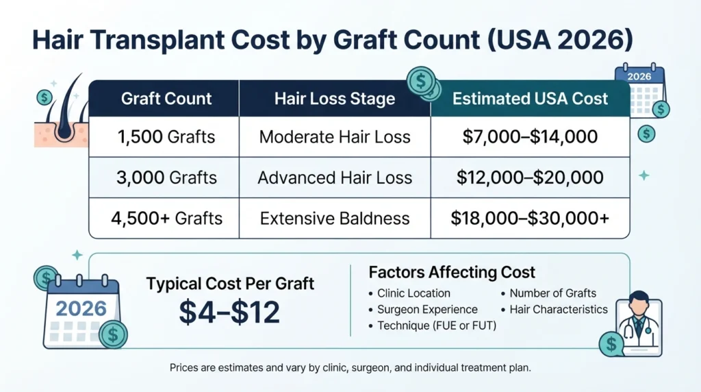 Cost comparison infographic showing estimated USA hair transplant prices for 1,500, 3,000, and 4,500 graft procedures in 2026.