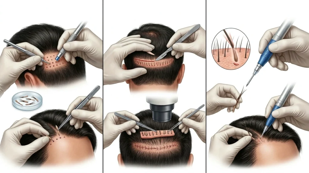 Detailed comparison of FUE, FUT, and DHI hair transplant methods showing scalp procedures, graft extraction techniques, and advanced hair restoration technology.
