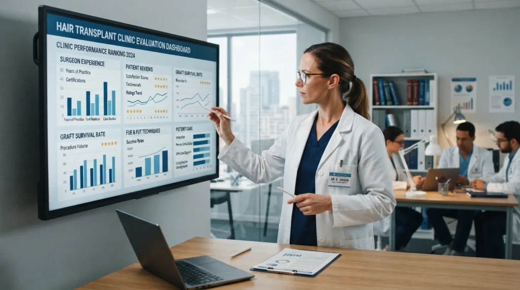 Expert evaluation process ranking Chicago hair transplant clinics based on credentials, reviews, and techniques.