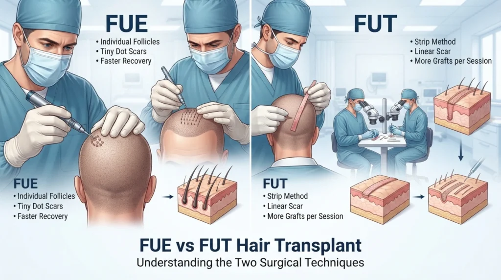 FUE vs FUT hair transplant comparison showing follicular extraction, strip method, donor area, graft implantation, scarring differences, and surgical techniques.