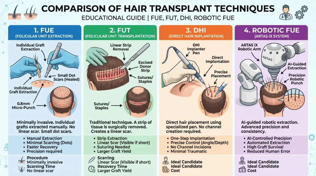 Comparison infographic showing FUE, FUT, DHI, and robotic hair transplant techniques with step-by-step visual differences in extraction and implantation methods