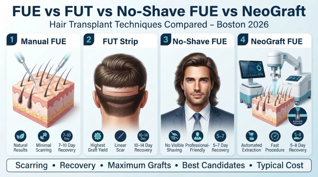 FUE vs FUT vs No-Shave FUE comparison showing extraction methods, scarring, recovery and graft differences