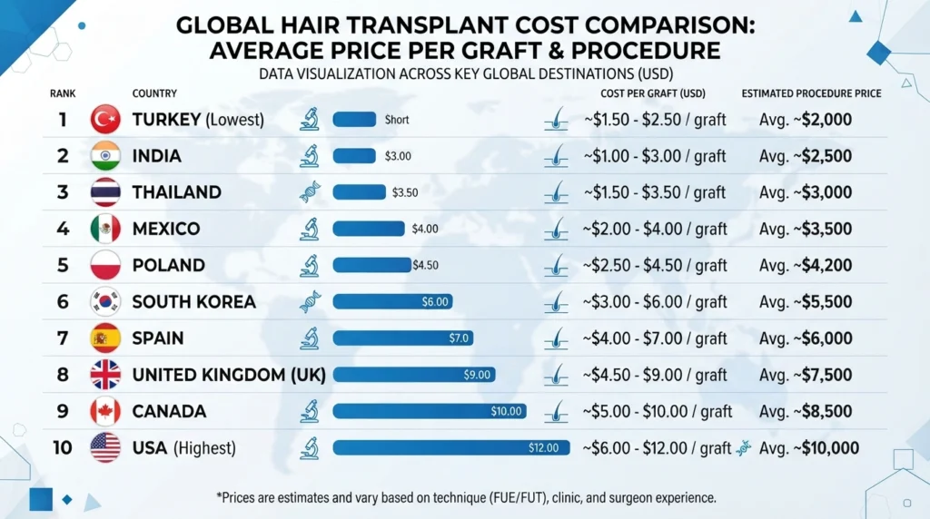 Global comparison infographic showing hair transplant prices per graft across major countries.