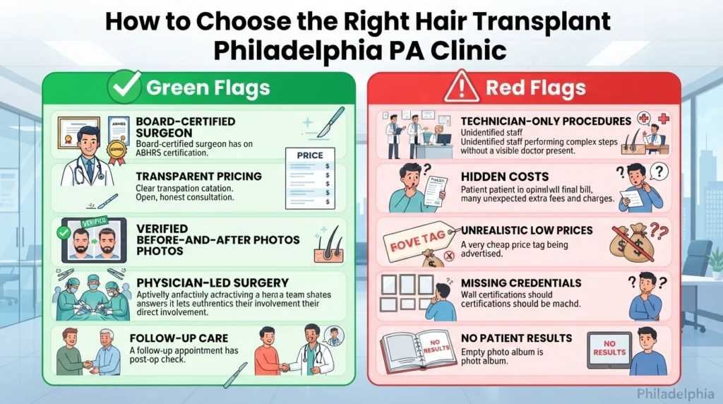 Guide to choosing the best hair transplant clinic in Philadelphia with green flags and red flags