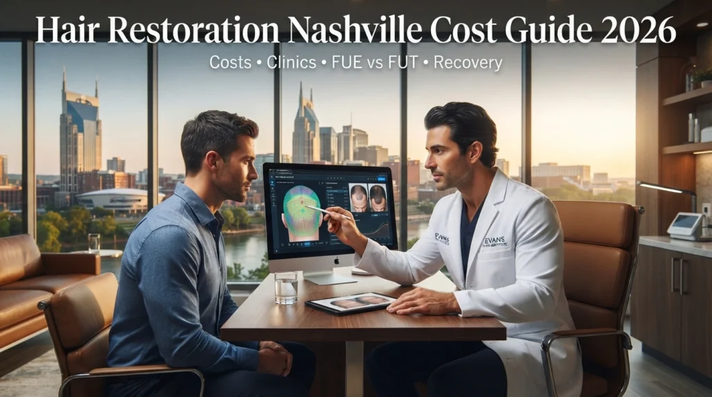 Hair Restoration Nashville Cost Guide 2026 featuring a board-certified surgeon consulting a patient inside a modern Nashville clinic.