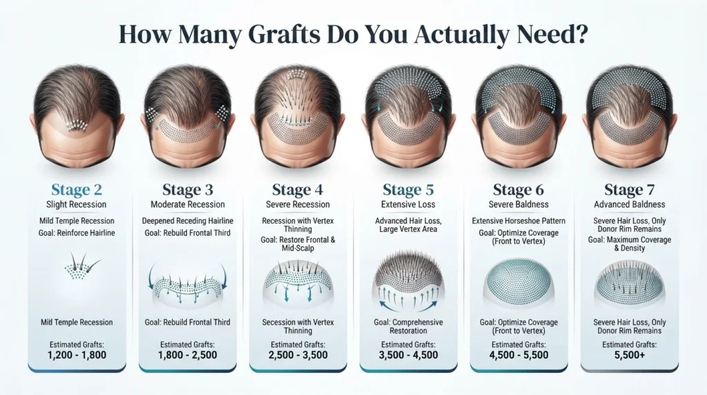 Hair graft planning infographic showing different stages of hair loss.