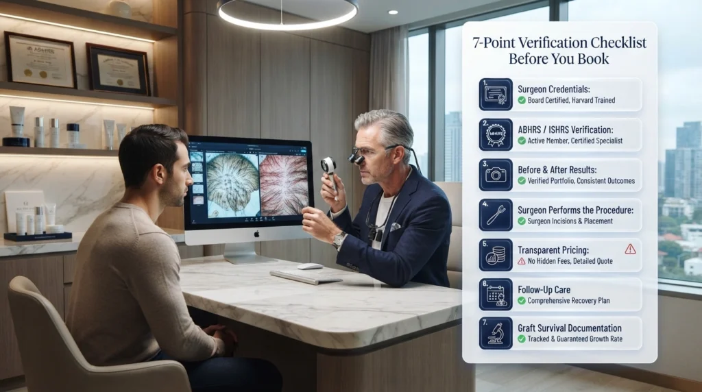 Hair transplant consultation checklist showing the key factors patients should verify before choosing a surgeon.