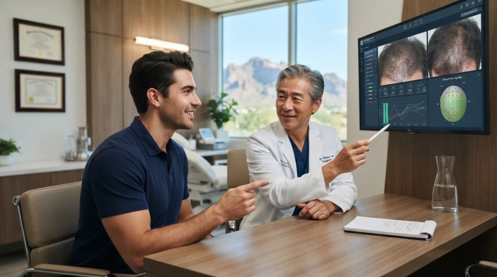 Hair transplant consultation in Phoenix Arizona showing scalp analysis and cost planning in 2026