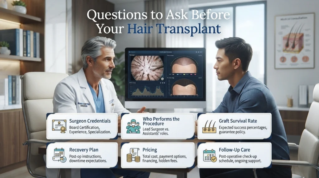 Hair transplant consultation infographic highlighting important questions before surgery.