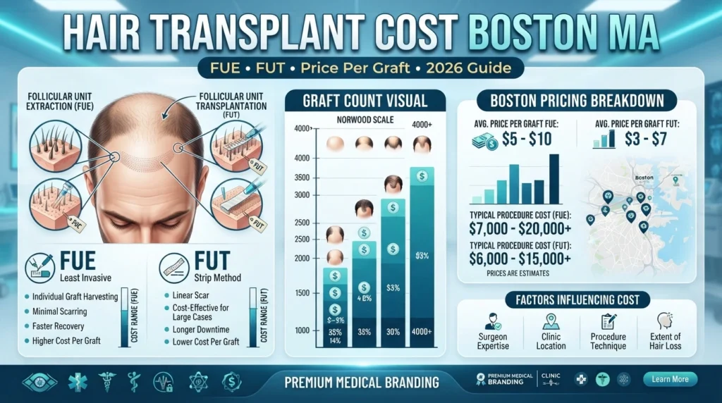 Hair transplant cost Boston MA infographic comparing FUE, FUT, graft prices and average treatment costs in 2026