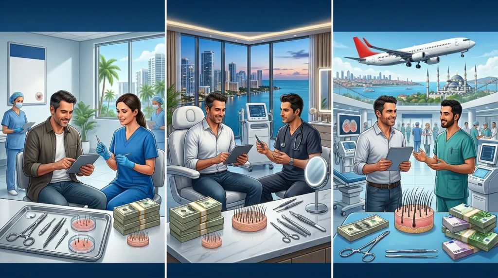 Hair transplant cost comparison between Fort Lauderdale, Miami, and Turkey showing pricing differences, clinic quality, and medical travel considerations for FUE procedures.