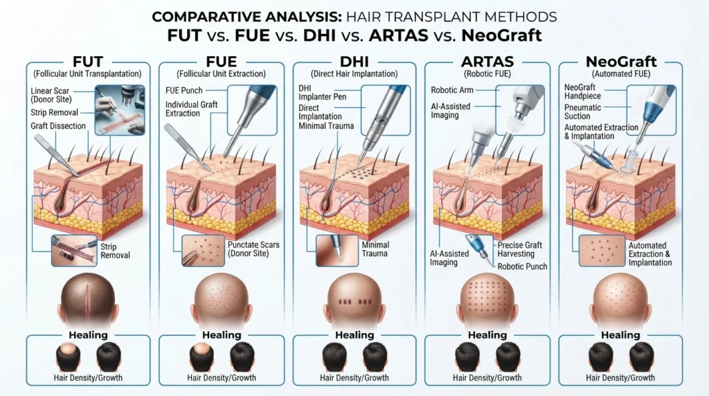 Hair transplant cost comparison in USA 2026 showing FUE FUT DHI ARTAS pricing and graft cost ranges across major cities