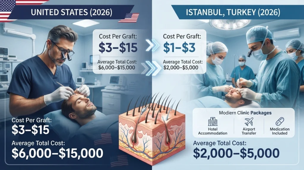 Hair transplant cost per graft comparison infographic showing USA vs Turkey prices in 2026.