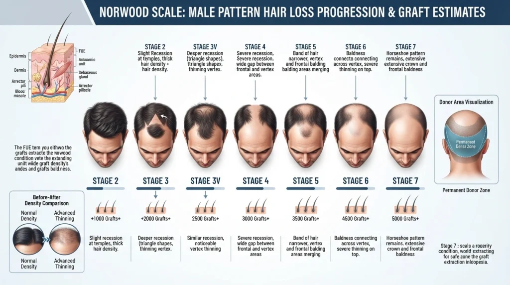 Hair transplant graft calculator showing Norwood stages and graft requirements
