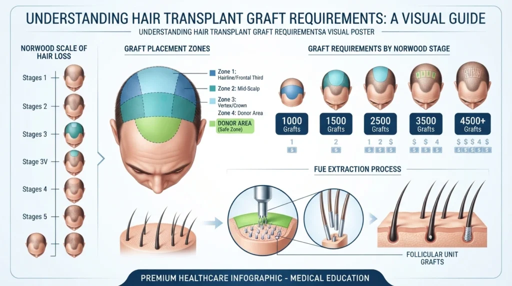 Hair transplant graft count infographic showing estimated costs for 1,000 to 4,000+ grafts, Norwood hair loss stages, donor area, and FUE treatment planning in San Diego.