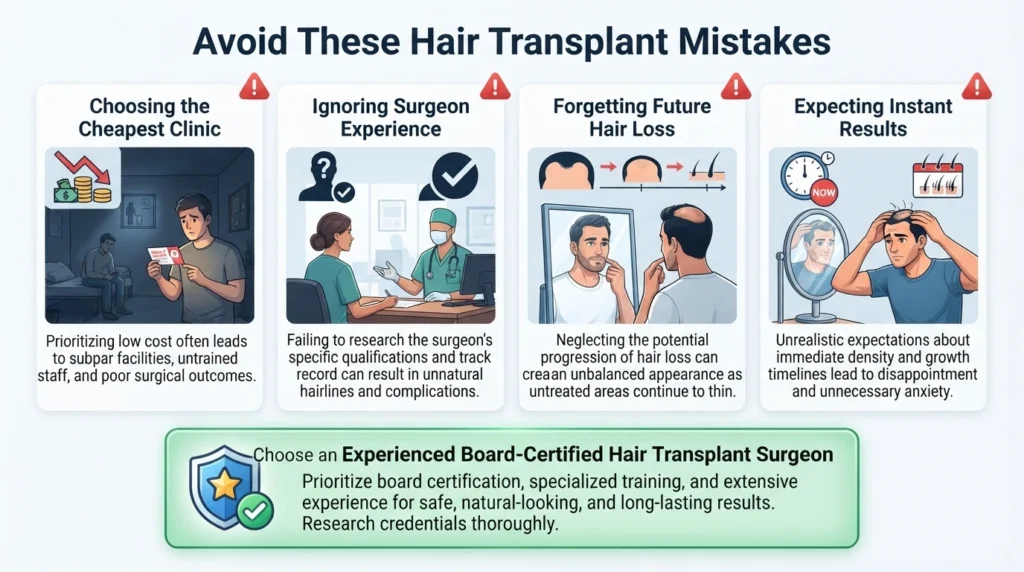 Hair transplant mistakes infographic explaining how to avoid choosing inexperienced surgeons, cheap clinics, unrealistic expectations, and poor long-term planning.