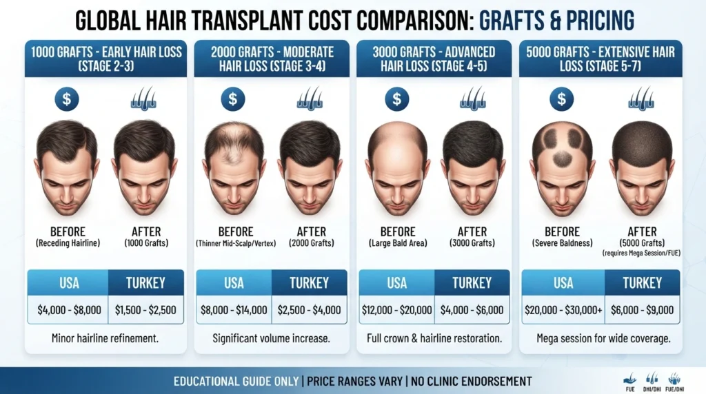 Hair transplant pricing comparison based on 1000, 2000, 3000 and 5000 graft procedures.