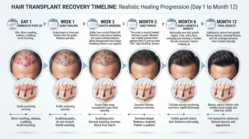 Hair transplant recovery timeline from surgery to final hair growth over twelve months