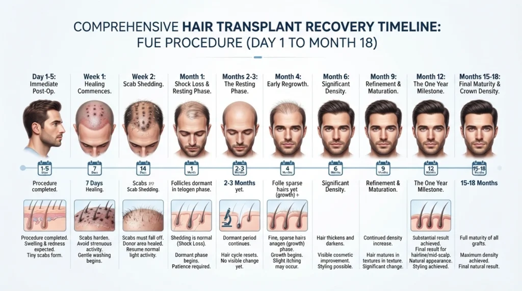 Hair transplant recovery timeline illustrating healing progress from day 1 to month 18, including swelling, scab healing, shock loss, new hair growth, and final results.