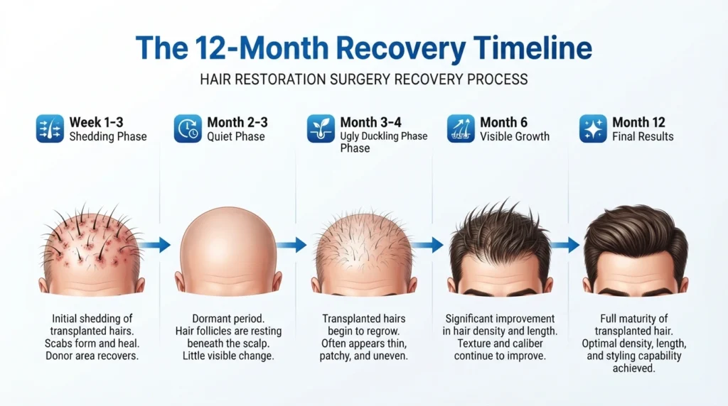 Hair transplant recovery timeline showing hair growth progress from week 1 to month 12 after FUE surgery