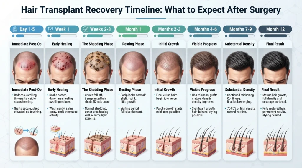 Hair transplant recovery timeline showing healing and hair growth from day one to one year