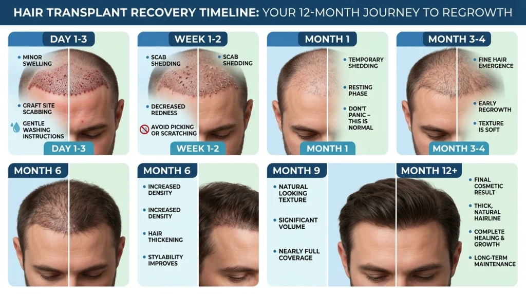 Hair transplant recovery timeline showing healing and hair growth month by month