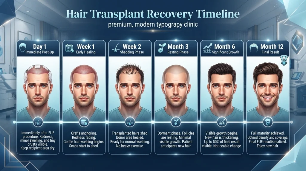 Hair transplant recovery timeline showing healing and hair growth progression.