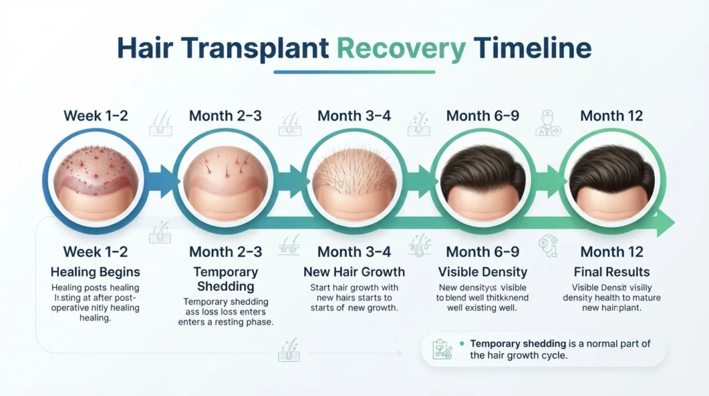 Hair transplant recovery timeline showing healing, shedding, new hair growth, visible results, and full results over 12 months.
