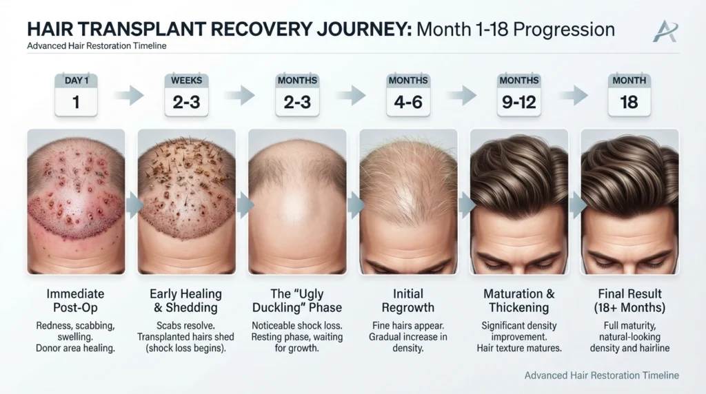 Hair transplant recovery timeline showing healing stages from day 1 scabbing to 12 month full hair growth results