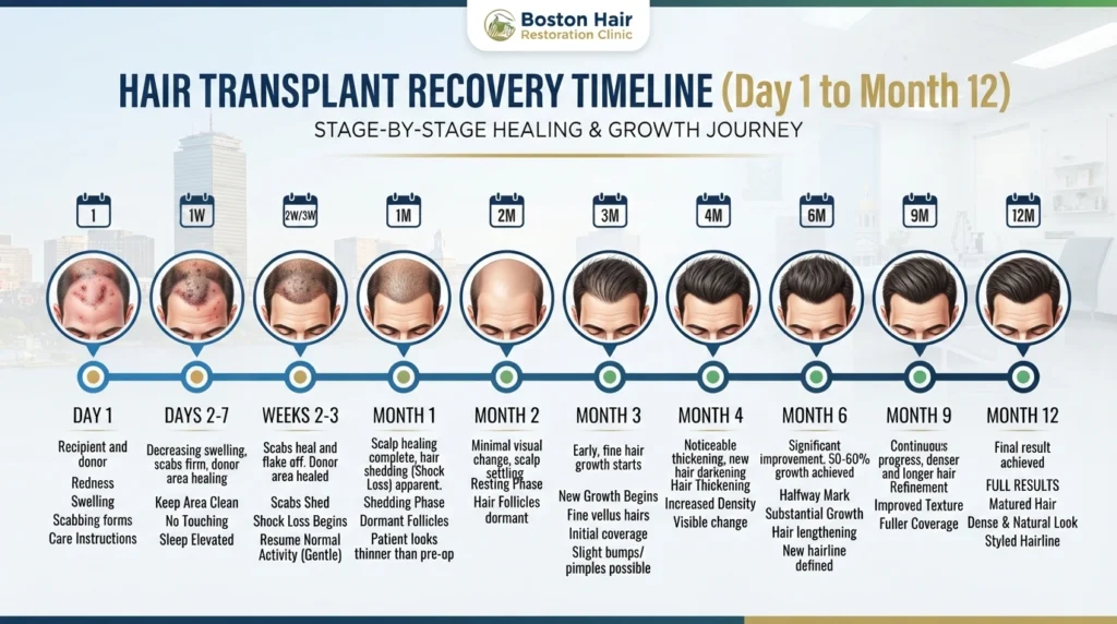 Hair transplant recovery timeline showing healing stages from day one through twelve months after FUE surgery