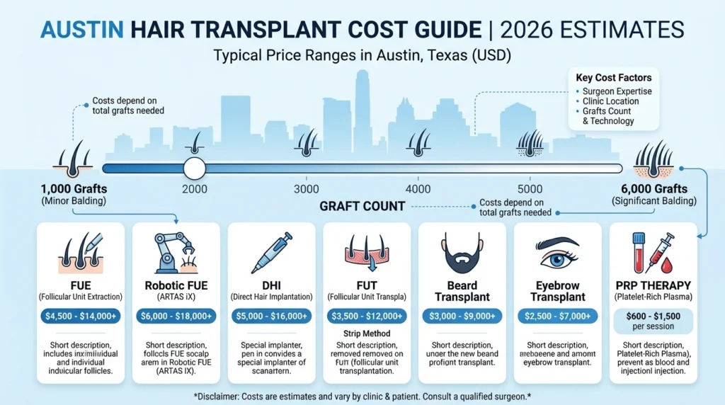 Hair transplant cost breakdown in Austin 2026 showing price ranges for FUE, robotic FUE, DHI, FUT, and PRP therapy with graft count estimates