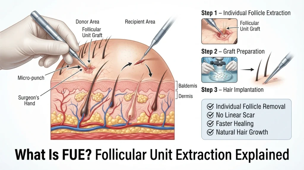 Illustration of FUE hair transplant procedure showing individual follicle extraction with a micro-punch, donor area, implantation process, and tiny dot scars.