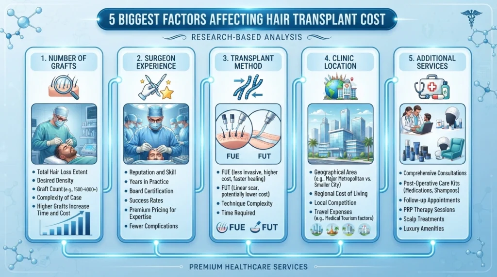 Infographic explaining the main factors that influence hair transplant pricing.