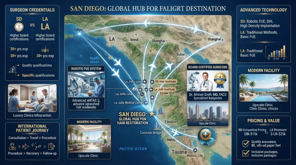 Infographic showing why San Diego is a leading destination for hair transplants, including experienced surgeons, advanced FUE technology, competitive pricing, and international patient care.