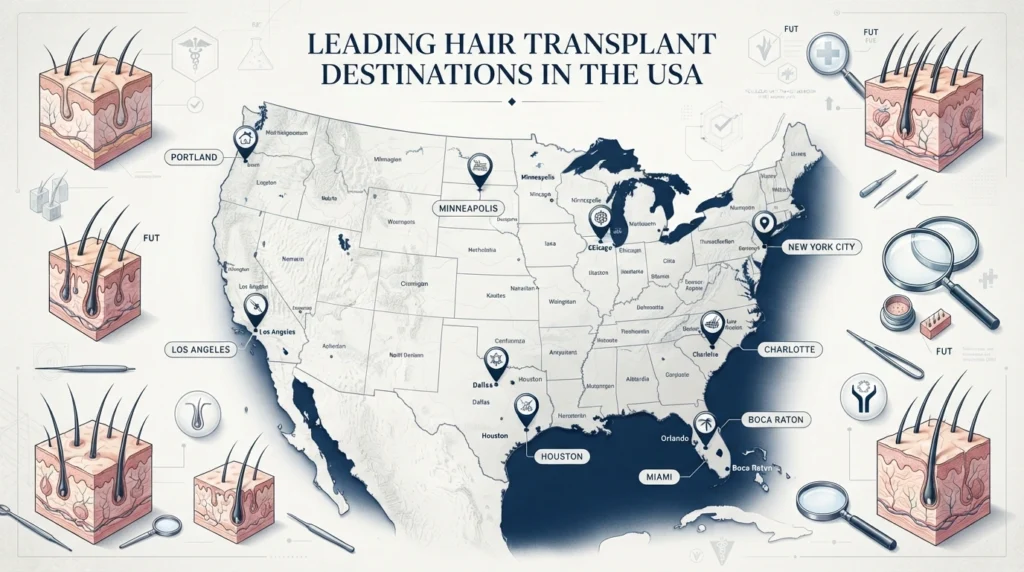 Map of United States highlighting top hair transplant clinic cities including New York Los Angeles Miami Houston and Chicago