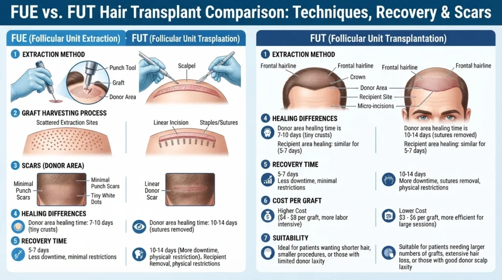 Medical comparison infographic explaining differences between FUE and FUT hair transplant methods.
